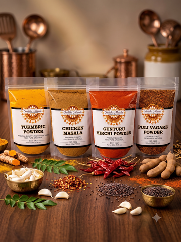 Turmeric Powder + Chili Powder + Chicken Masala + Puli Vaghare Powder