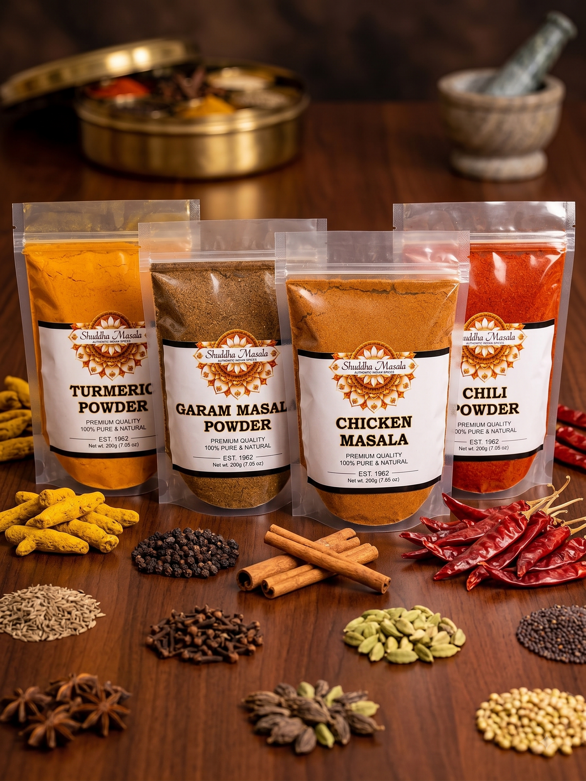 Turmeric Powder + Garam Masala + Chili Powder + Chicken Masala