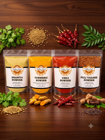 Turmeric Powder + Dhaniya Powder + Chili Powder + Puli Vaghare Powder