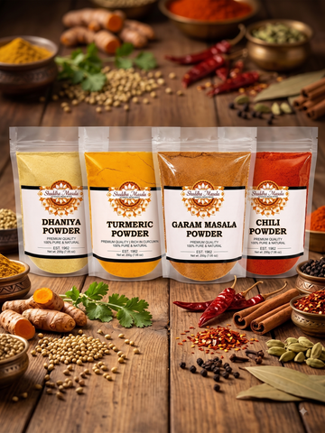 Turmeric Powder + Garam Masala + Dhaniya Powder + Chili Powder