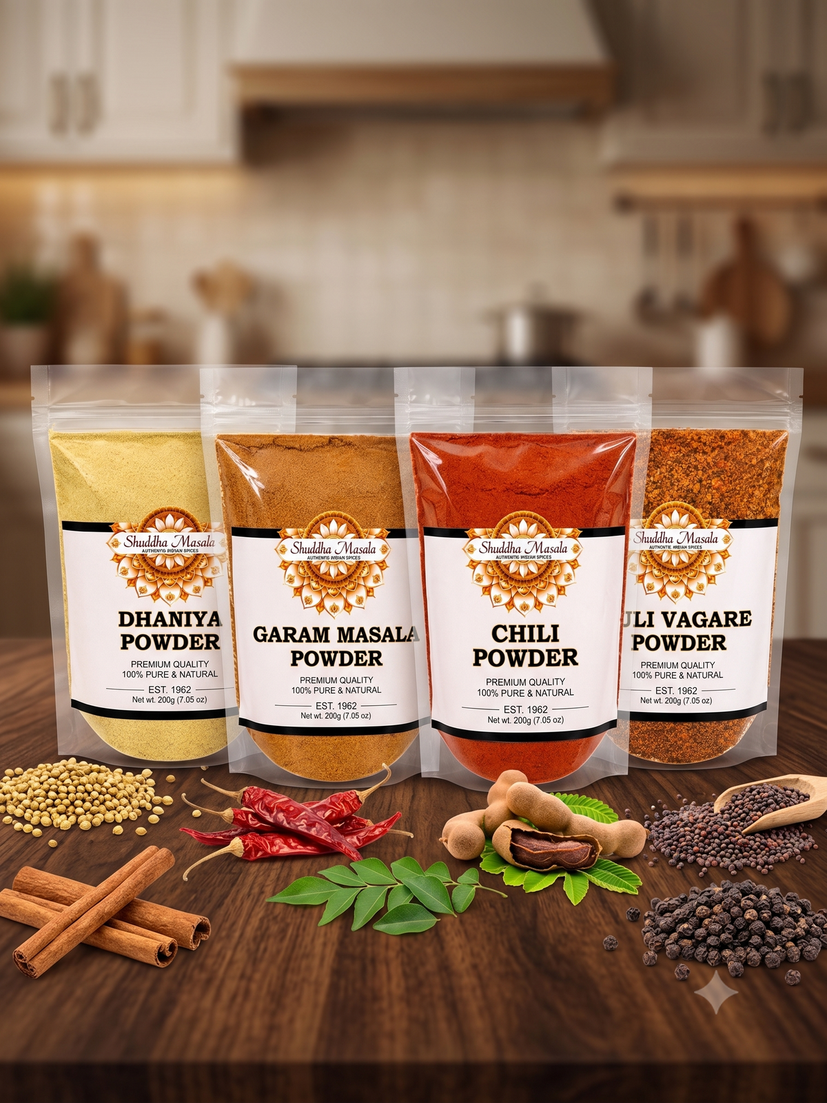 Garam Masala + Dhaniya Powder + Chili Powder + Puli Vaghare Powder
