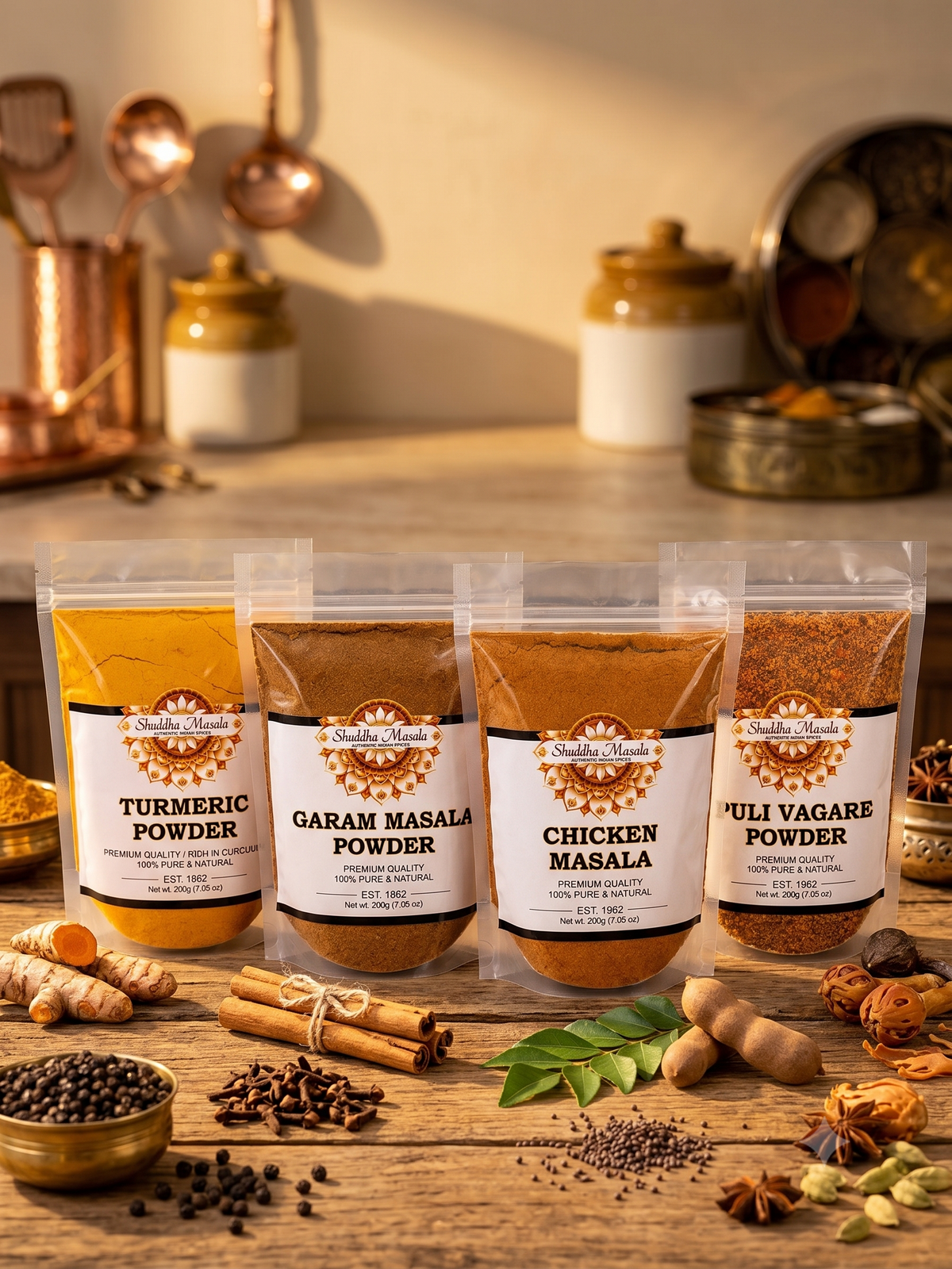 Turmeric Powder + Garam Masala + Chicken Masala + Puli Vaghare Powder