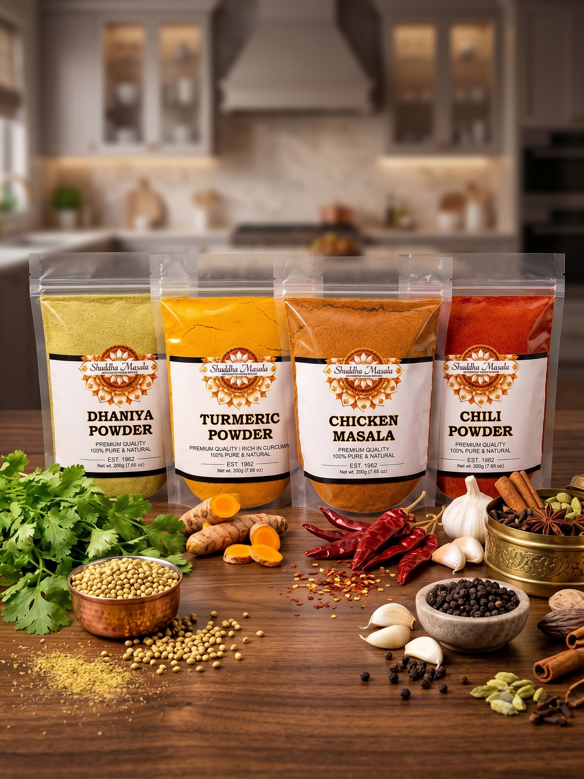Turmeric Powder + Dhaniya Powder + Chili Powder + Chicken Masala