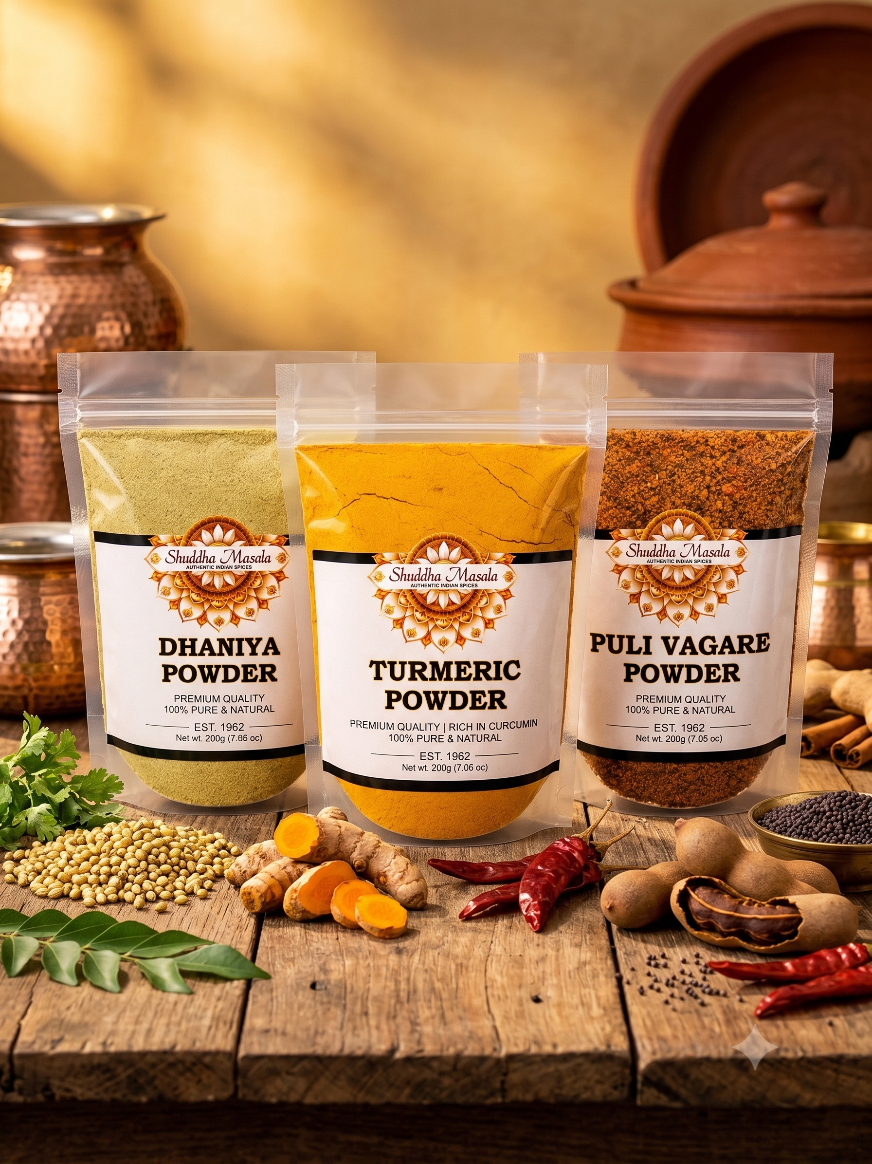 Turmeric Powder + Dhaniya Powder + Puli Vaghare Powder