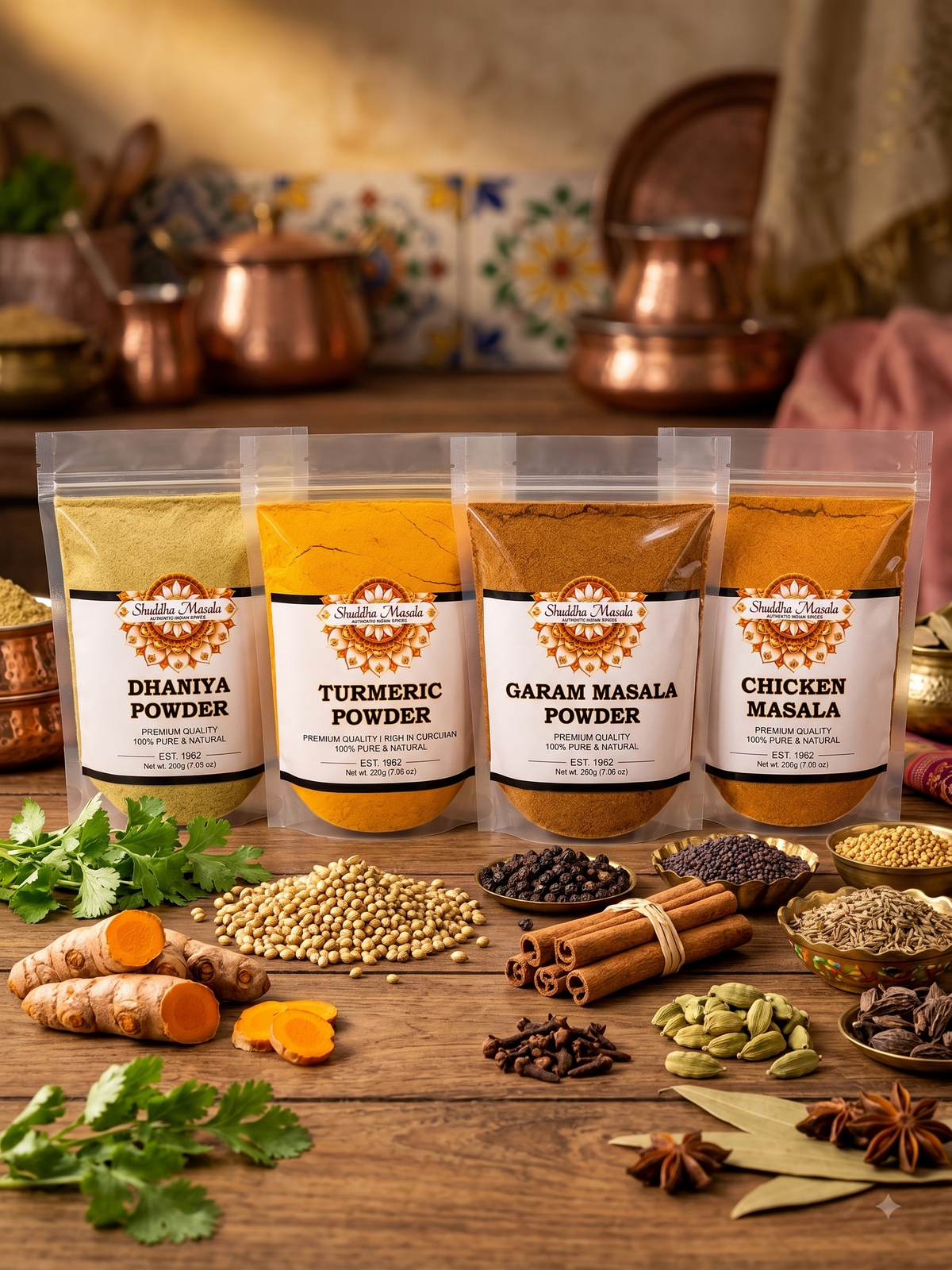 Turmeric Powder + Garam Masala + Dhaniya Powder + Chicken Masala