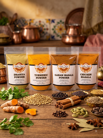 Turmeric Powder + Garam Masala + Dhaniya Powder + Chicken Masala