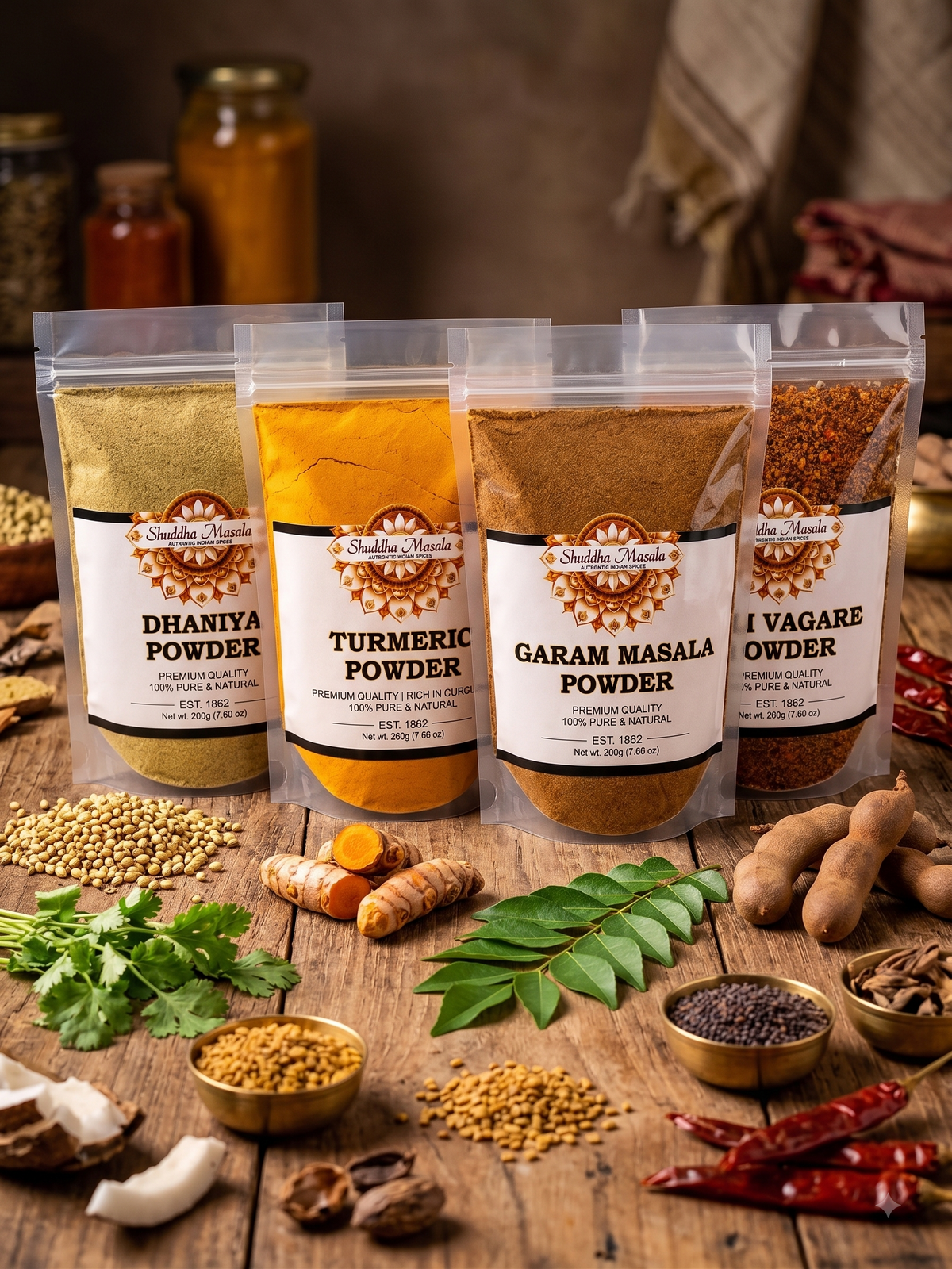 Turmeric Powder + Garam Masala + Dhaniya Powder + Puli Vaghare Powder
