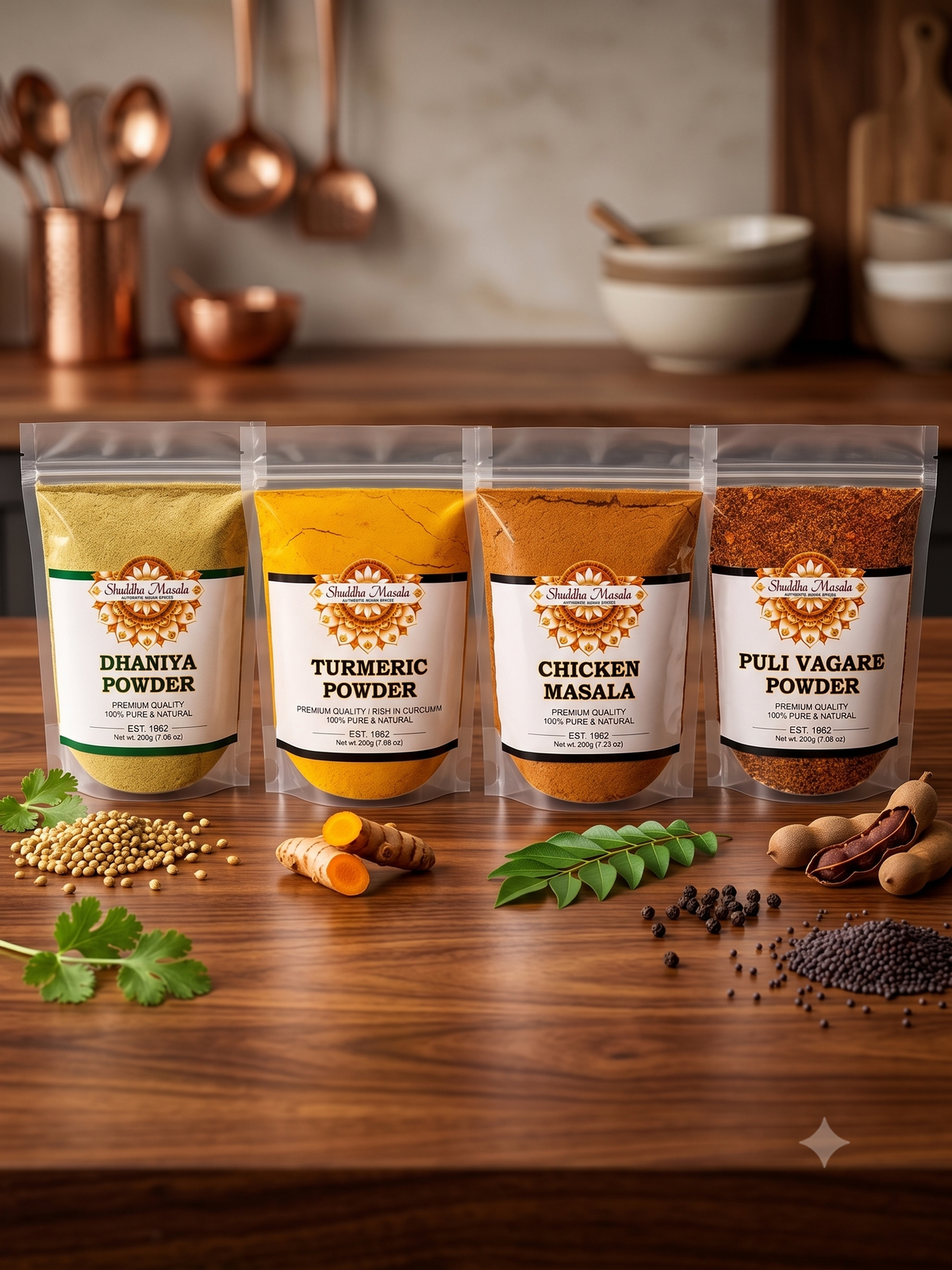 Turmeric Powder + Dhaniya Powder + Chicken Masala + Puli Vaghare Powder