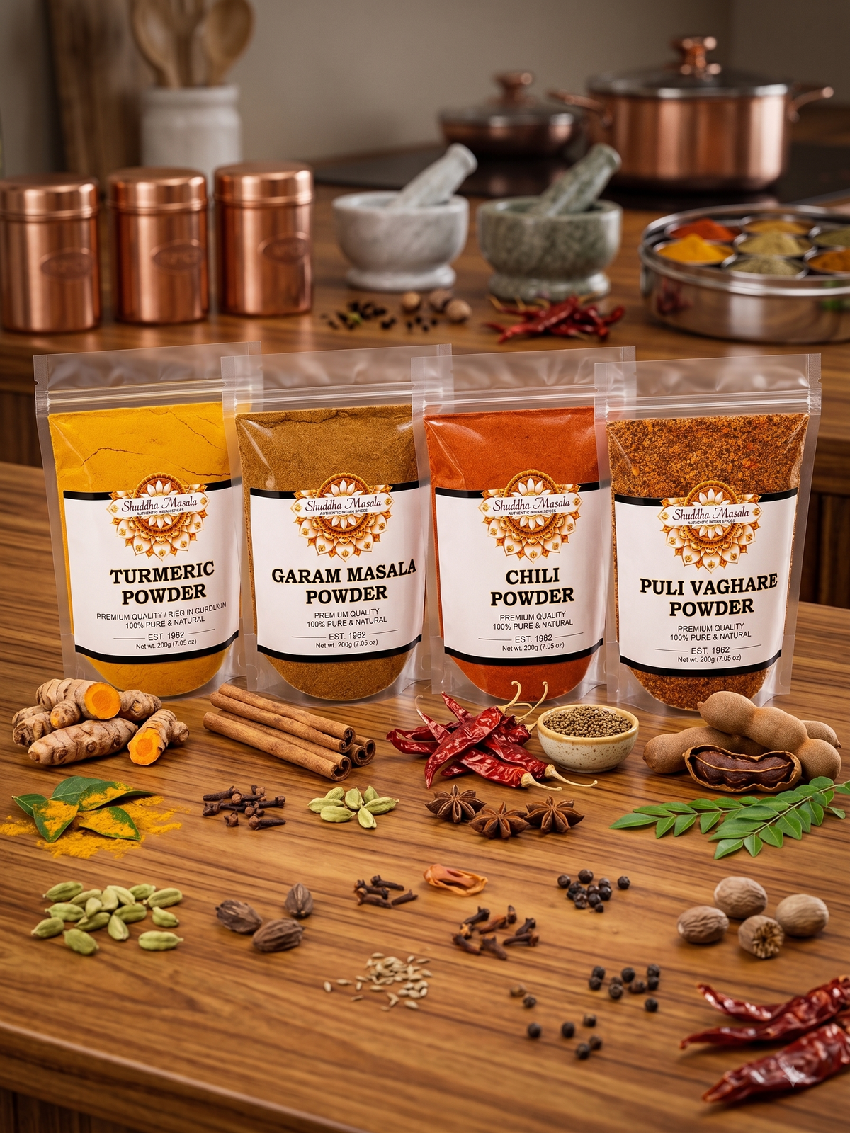 Turmeric Powder + Garam Masala + Chili Powder + Puli Vaghare Powder